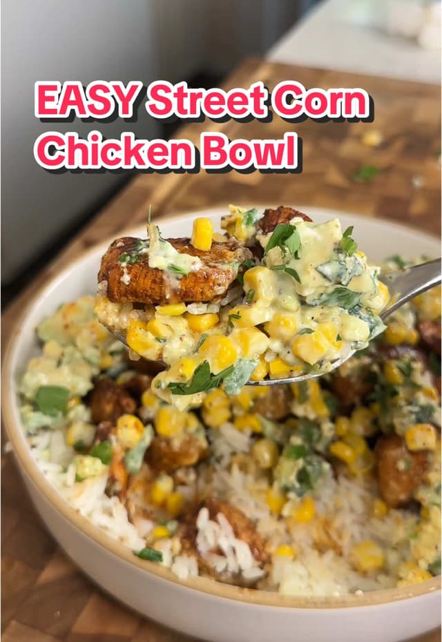 SAVE THIS ‼️ High Protein Street Corn Chicken Bowl 😍 (recipe 👇🏽) EXQUISITE EATS!!! My debut cookbook is now available for preorder!!! 85+ delicious and healthy recipes to help you achieve your goals! Link in my bio 🙌🏼❤️ Macros per serving (1 cup rice per serving) (X3): 590 Calories |55g P | 47g C | 17g F For the chicken: 1.5lbs chicken breast, cubed Salt & Pepper, to taste 1 teaspoon Garlic powder 1 tsp chili powder 1 tsp paprika 1/4 tsp cumin Olive oil, 1 tbsp to marinate Avocado oil spray, t